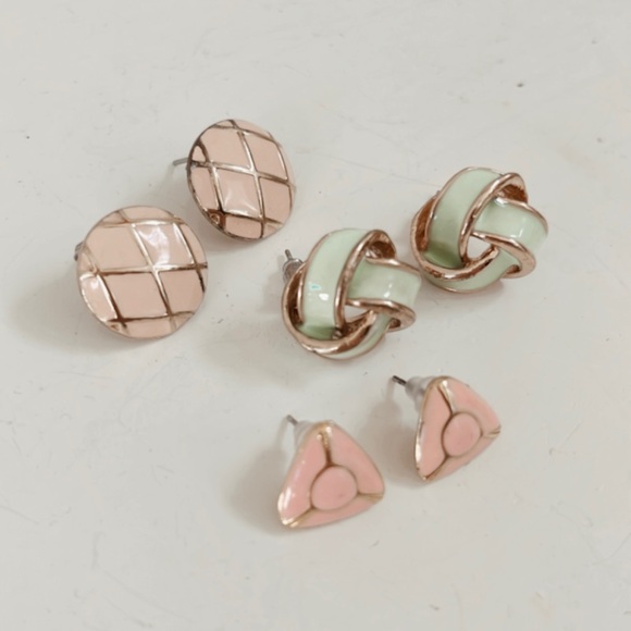 Vintage Enamel Gold Statement Earrings Knot Braided Geometric Stud Pink Green - Picture 6 of 8